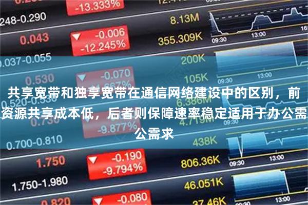 共享宽带和独享宽带在通信网络建设中的区别，前者资源共享成本低，后者则保障速率稳定适用于办公需求